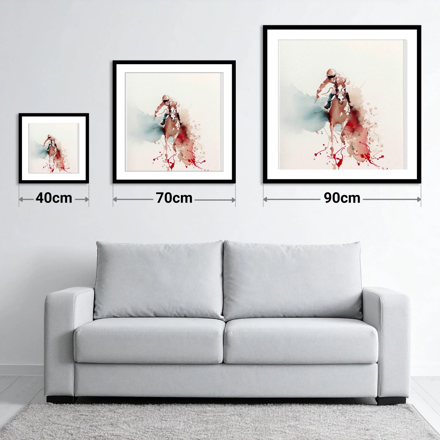 The Final Furlong - size guide showing 40cm, 70cm and 90cm art prints