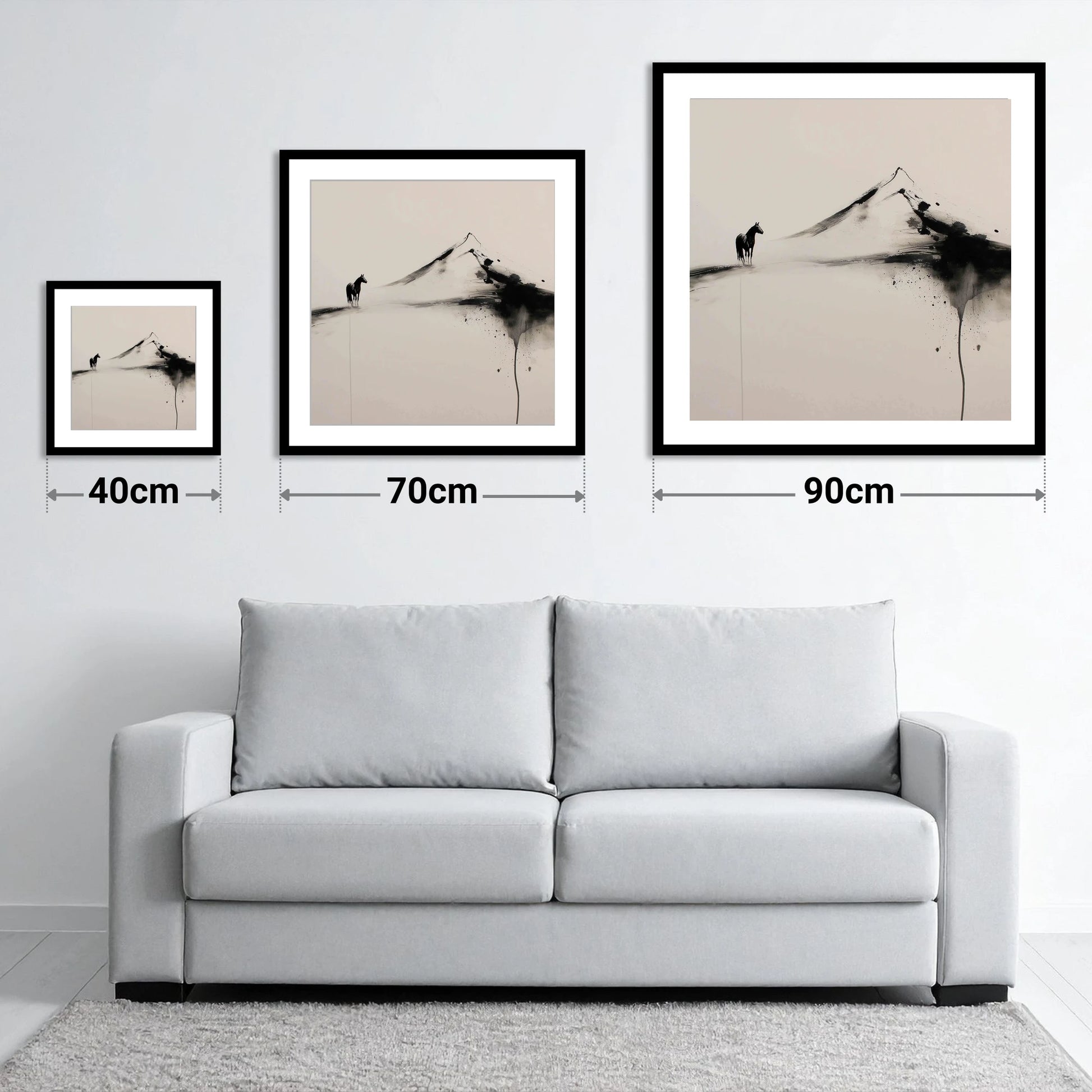 Solitary Mountain Silhouette - size guide showing 40cm, 70cm and 90cm art prints