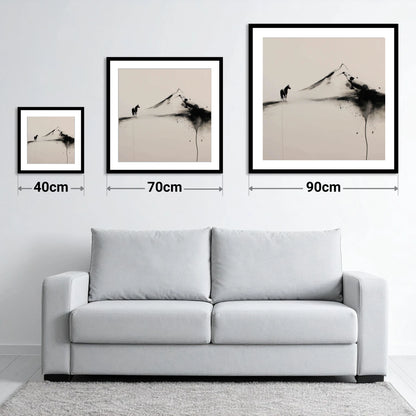 Solitary Mountain Silhouette - size guide showing 40cm, 70cm and 90cm art prints