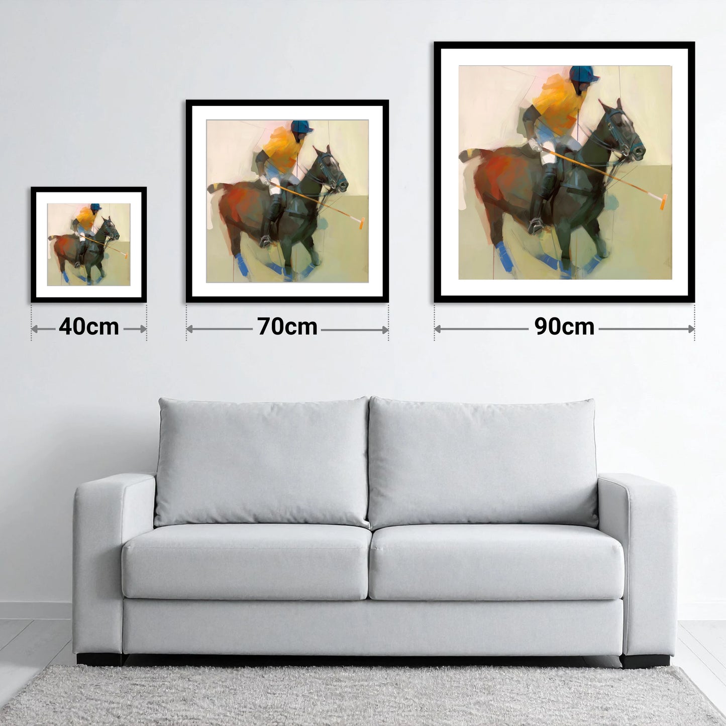 The Offside Drive - size guide showing 40cm, 70cm and 90cm art prints