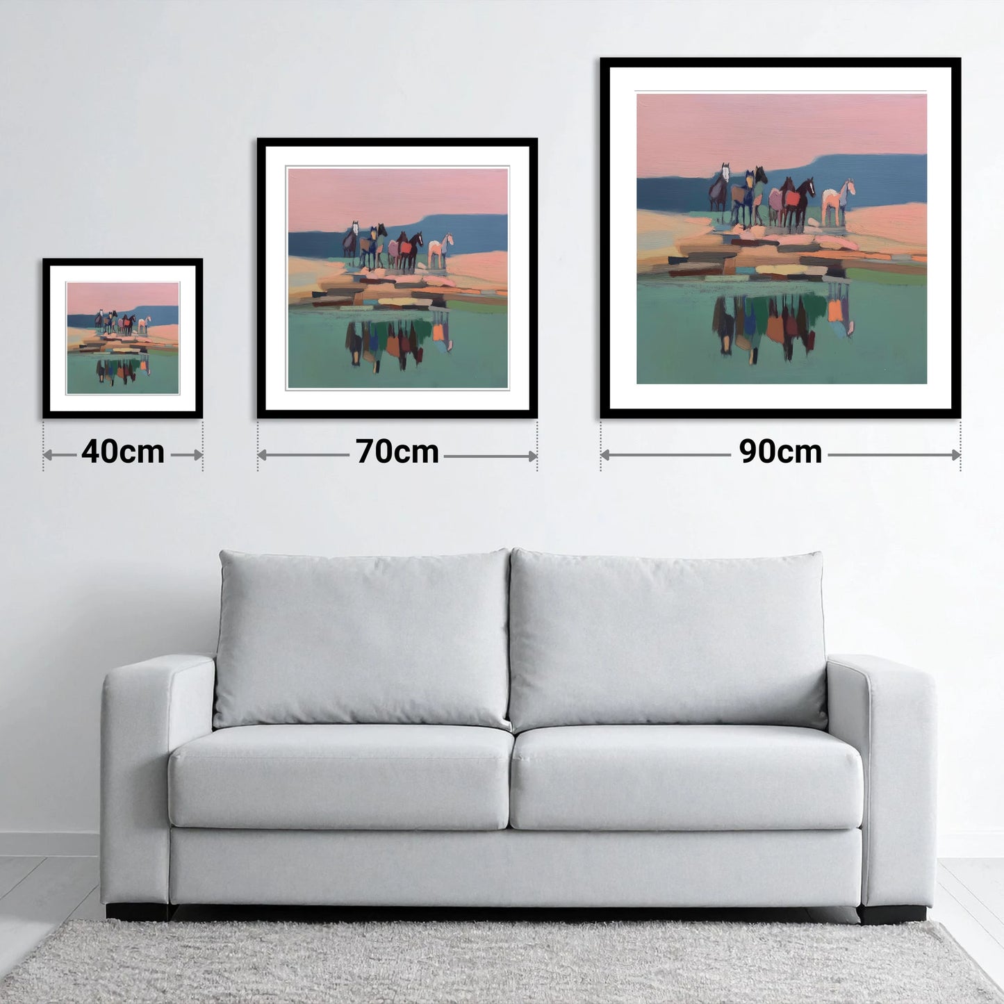 Stillness by the Water - size guide showing 40cm, 70cm and 90cm art prints
