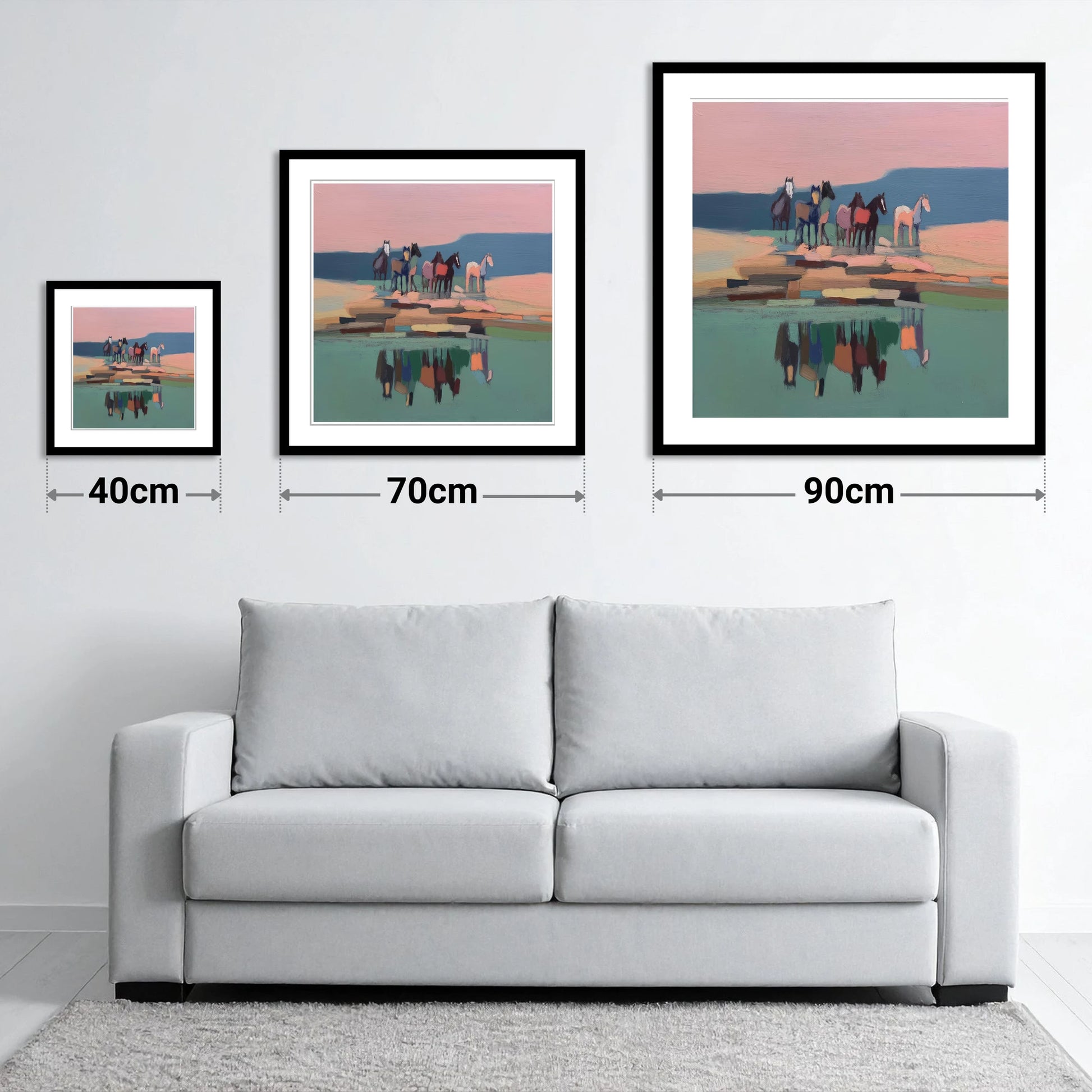 Stillness by the Water - size guide showing 40cm, 70cm and 90cm art prints