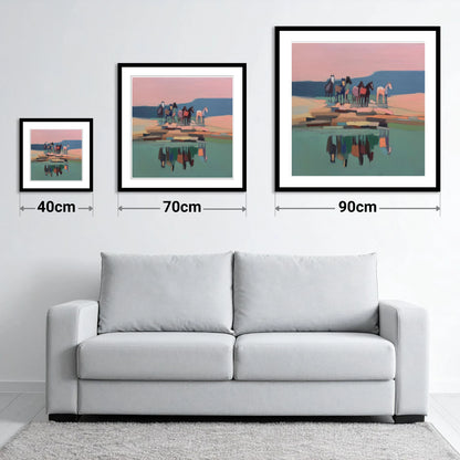 Stillness by the Water - size guide showing 40cm, 70cm and 90cm art prints