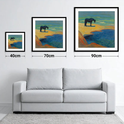 Vibrant Coastal Solitude - size guide showing 40cm, 70cm and 90cm art prints