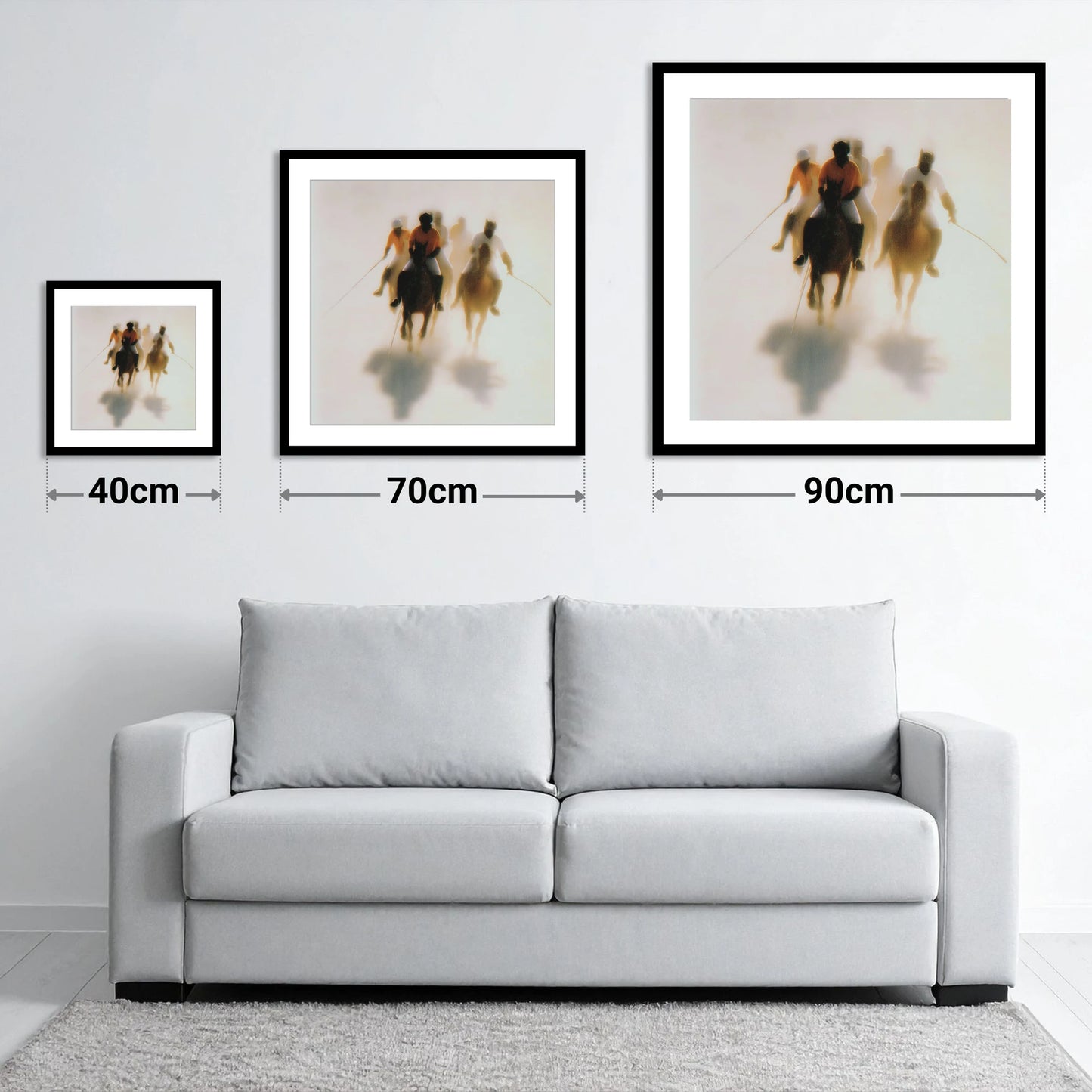 The Ethereal Chukka - size guide showing 40cm, 70cm and 90cm art prints