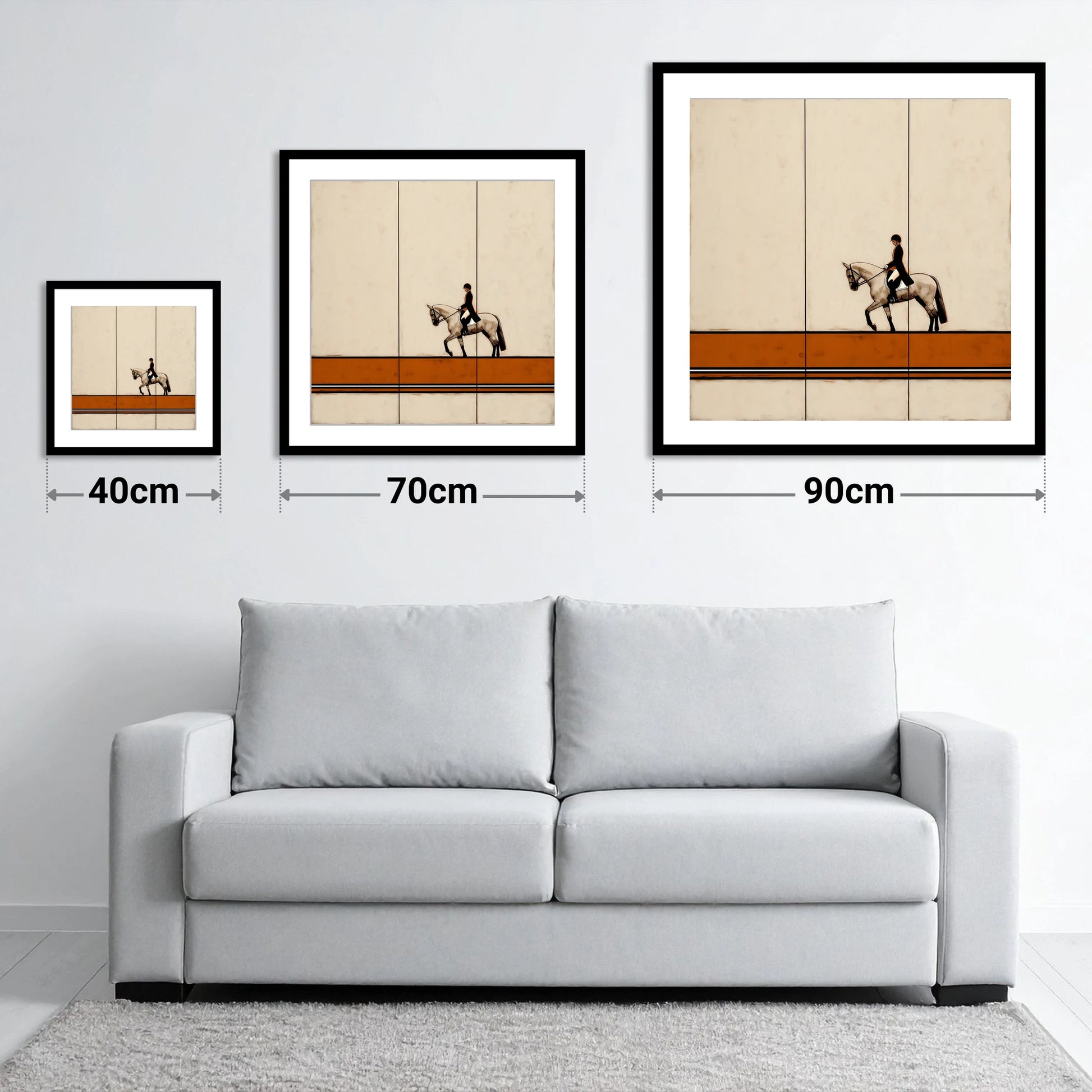 Modern Dressage Silhouette - size guide showing 40cm, 70cm and 90cm art prints