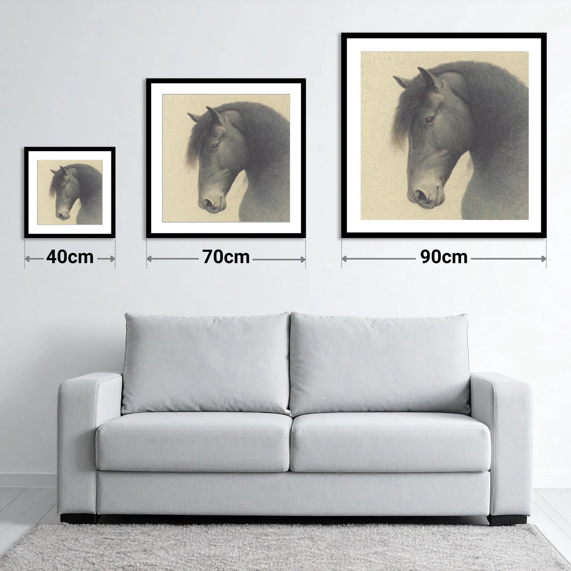 Quiet Nobility - size guide showing 40cm, 70cm and 90cm art prints