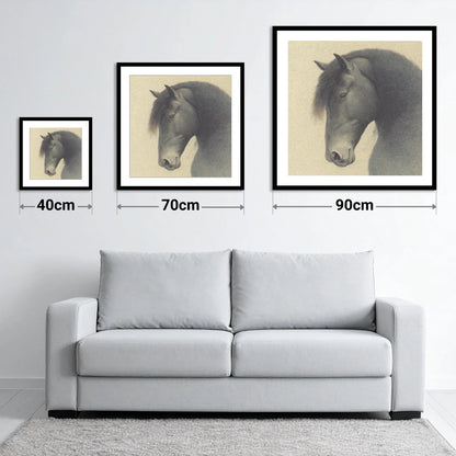 Quiet Nobility - size guide showing 40cm, 70cm and 90cm art prints