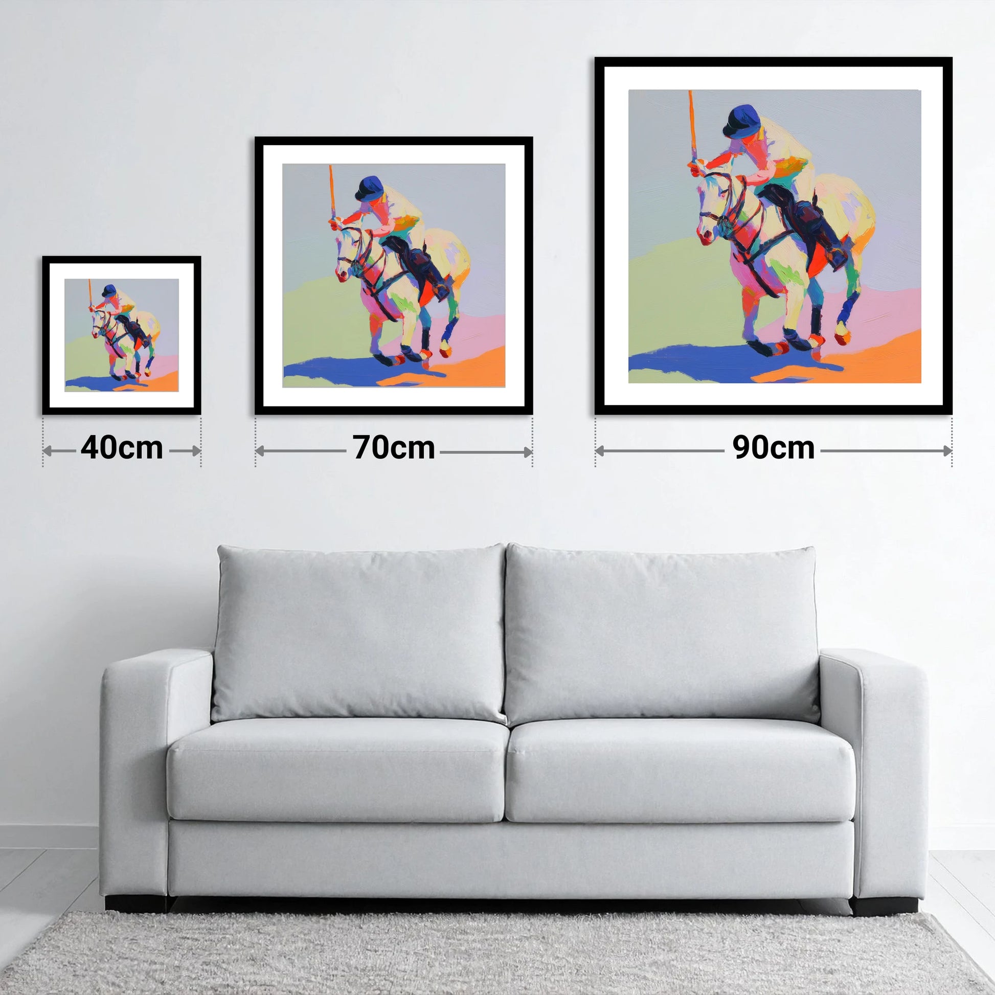 Vibrant Polo Drive - size guide showing 40cm, 70cm and 90cm art prints