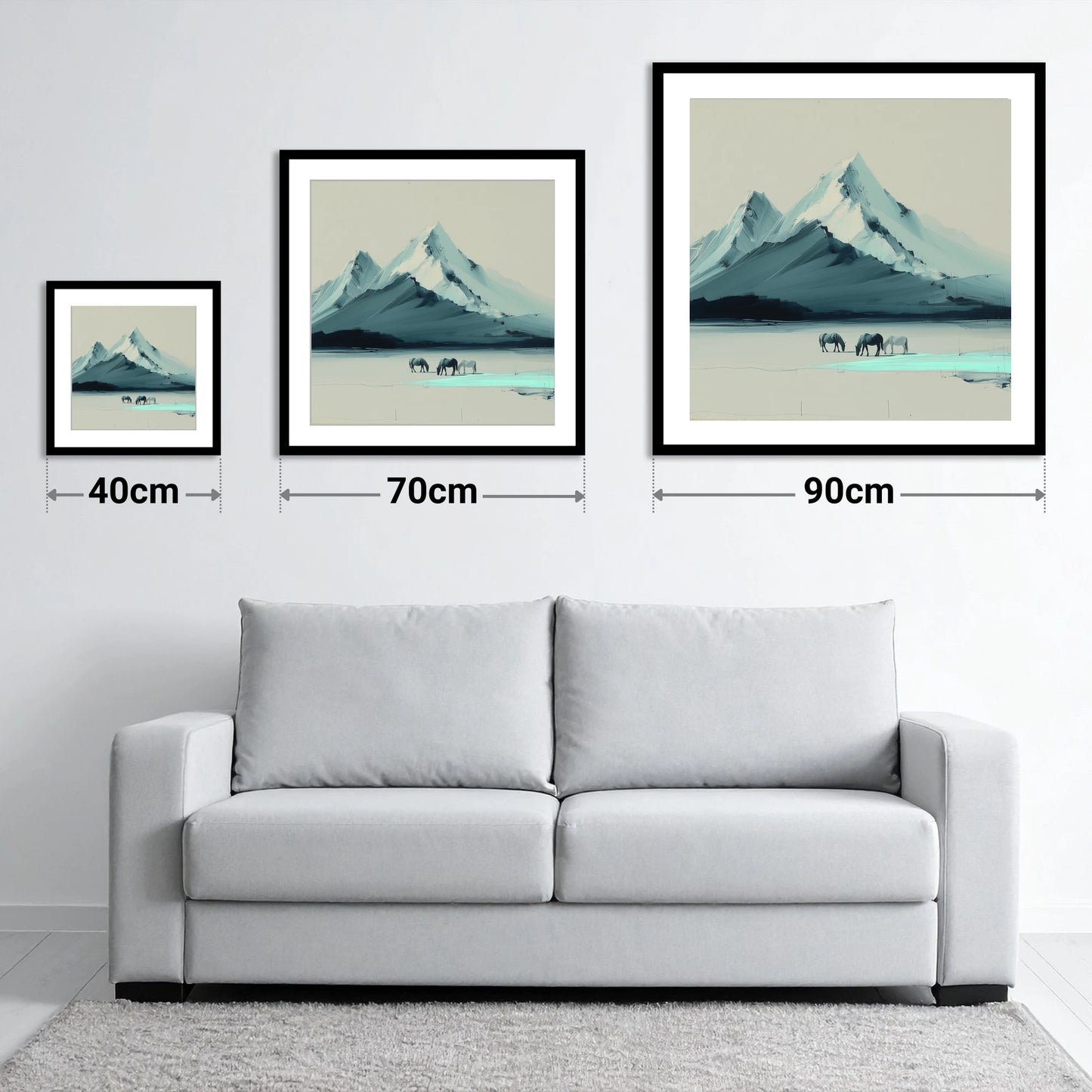 Alpine Valley Grazing - size guide showing 40cm, 70cm and 90cm art prints