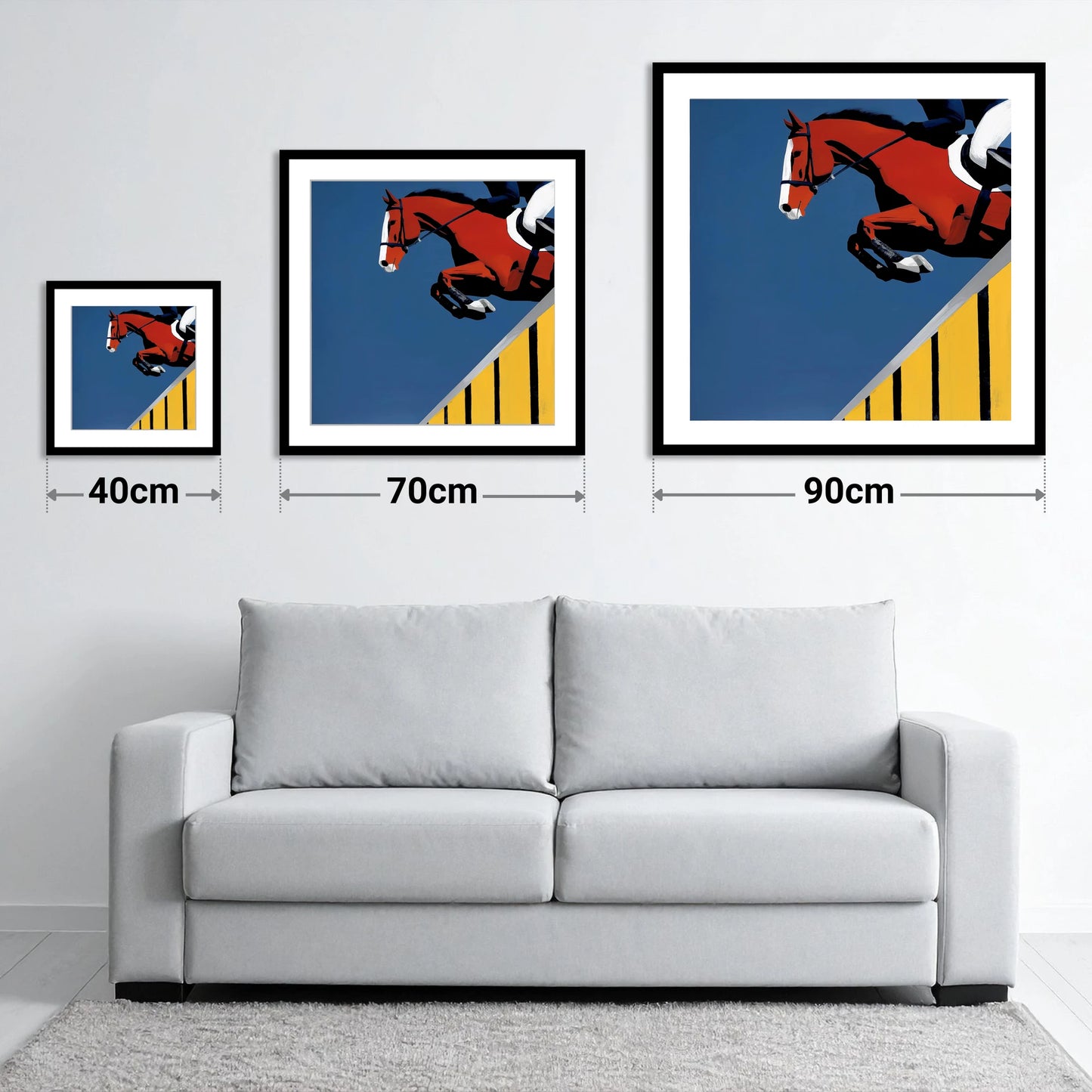 Suspended in Blue - size guide showing 40cm, 70cm and 90cm art prints