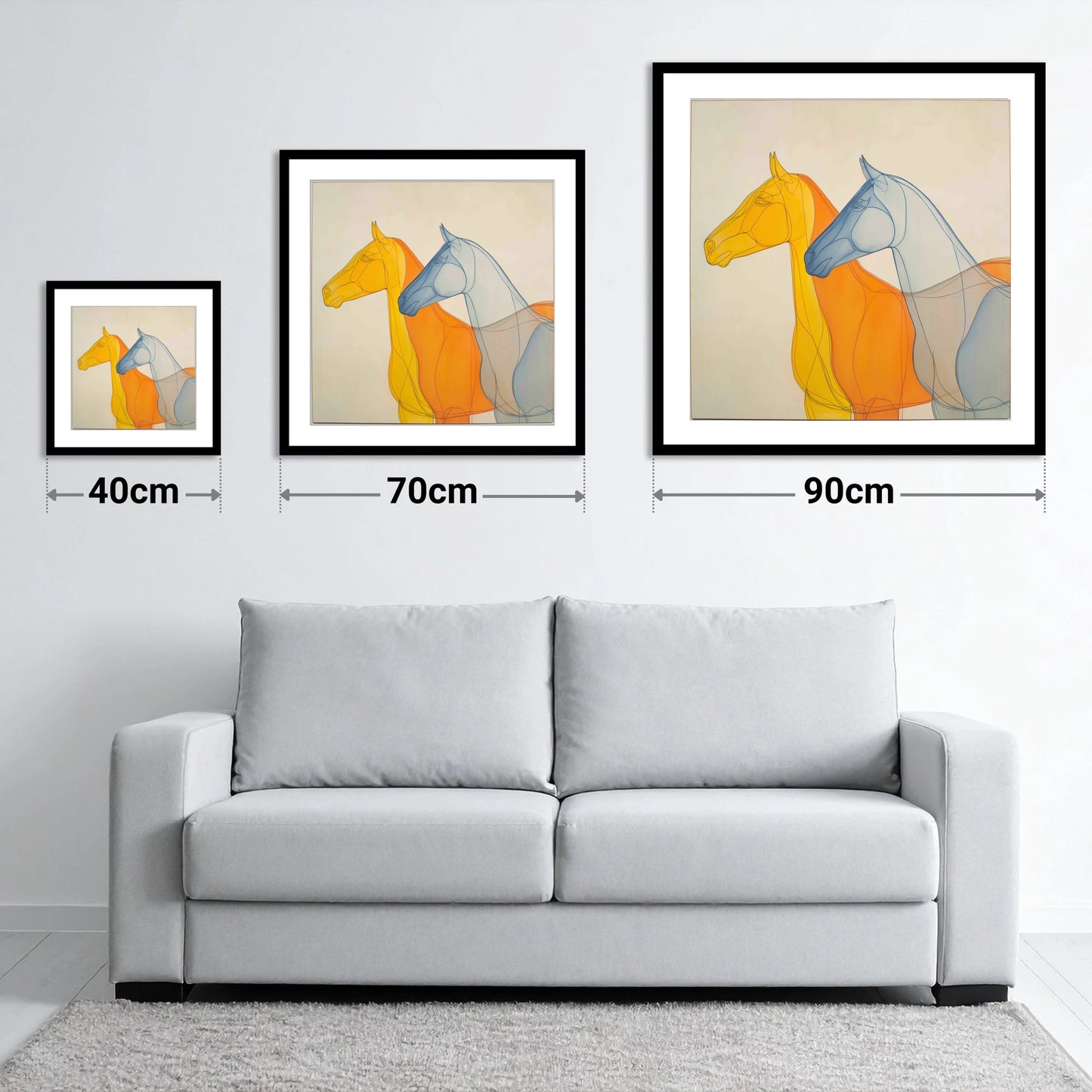 Synchronised Racing Profiles - size guide showing 40cm, 70cm and 90cm art prints
