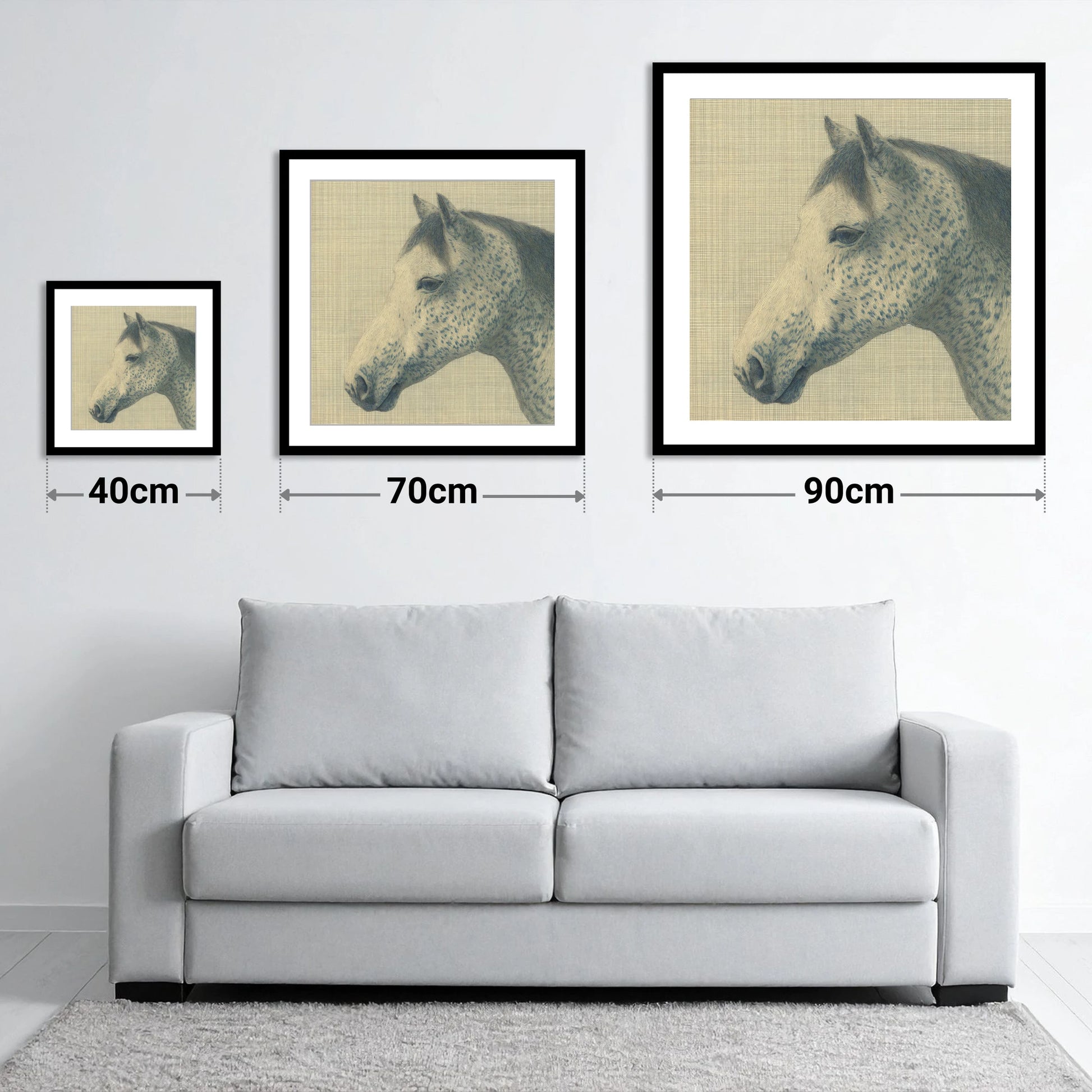 Meticulous Speckled Grey - size guide showing 40cm, 70cm and 90cm art prints
