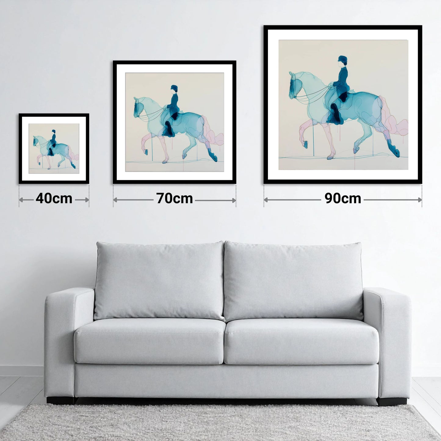 Fluid Dressage Grace - size guide showing 40cm, 70cm and 90cm art prints