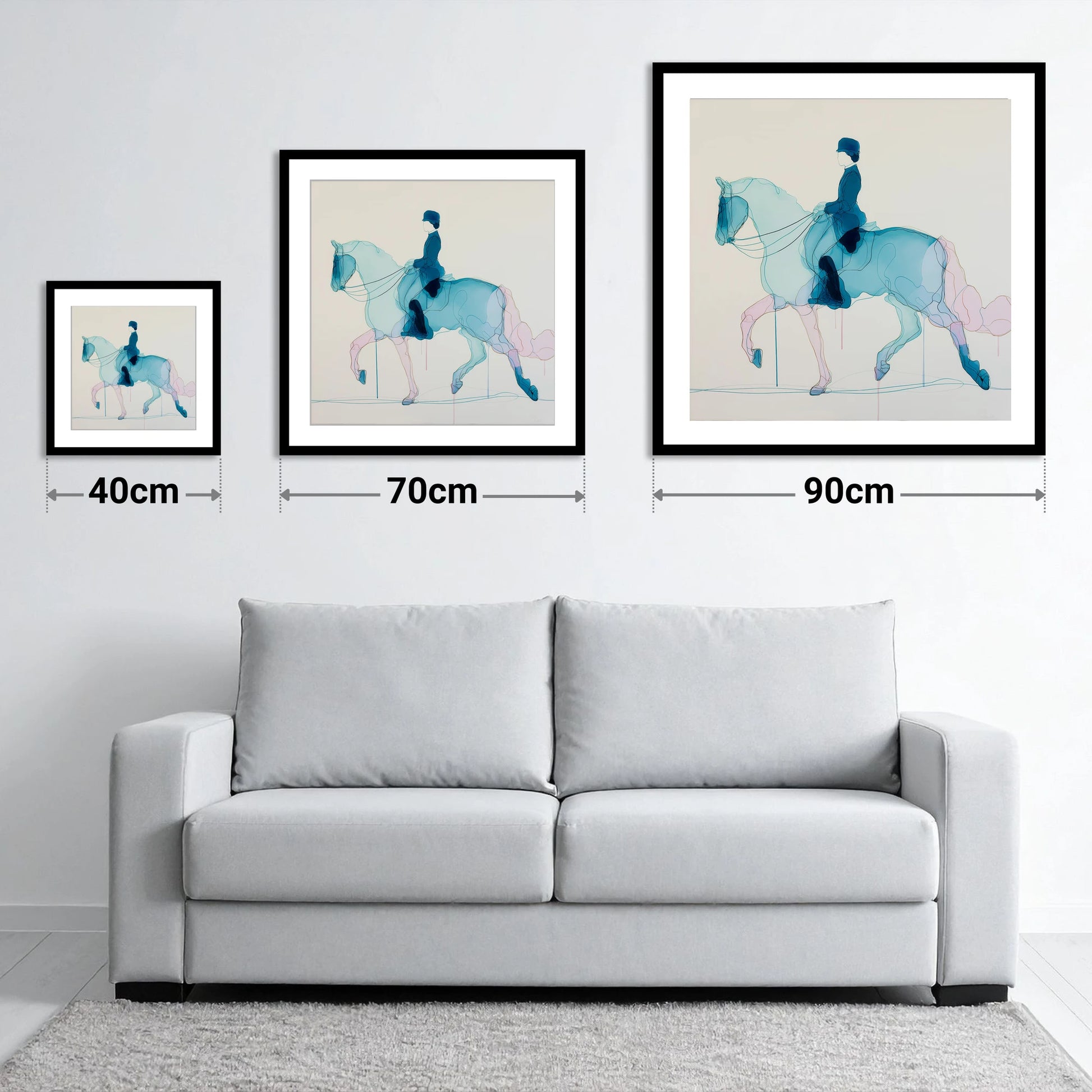 Fluid Dressage Grace - size guide showing 40cm, 70cm and 90cm art prints