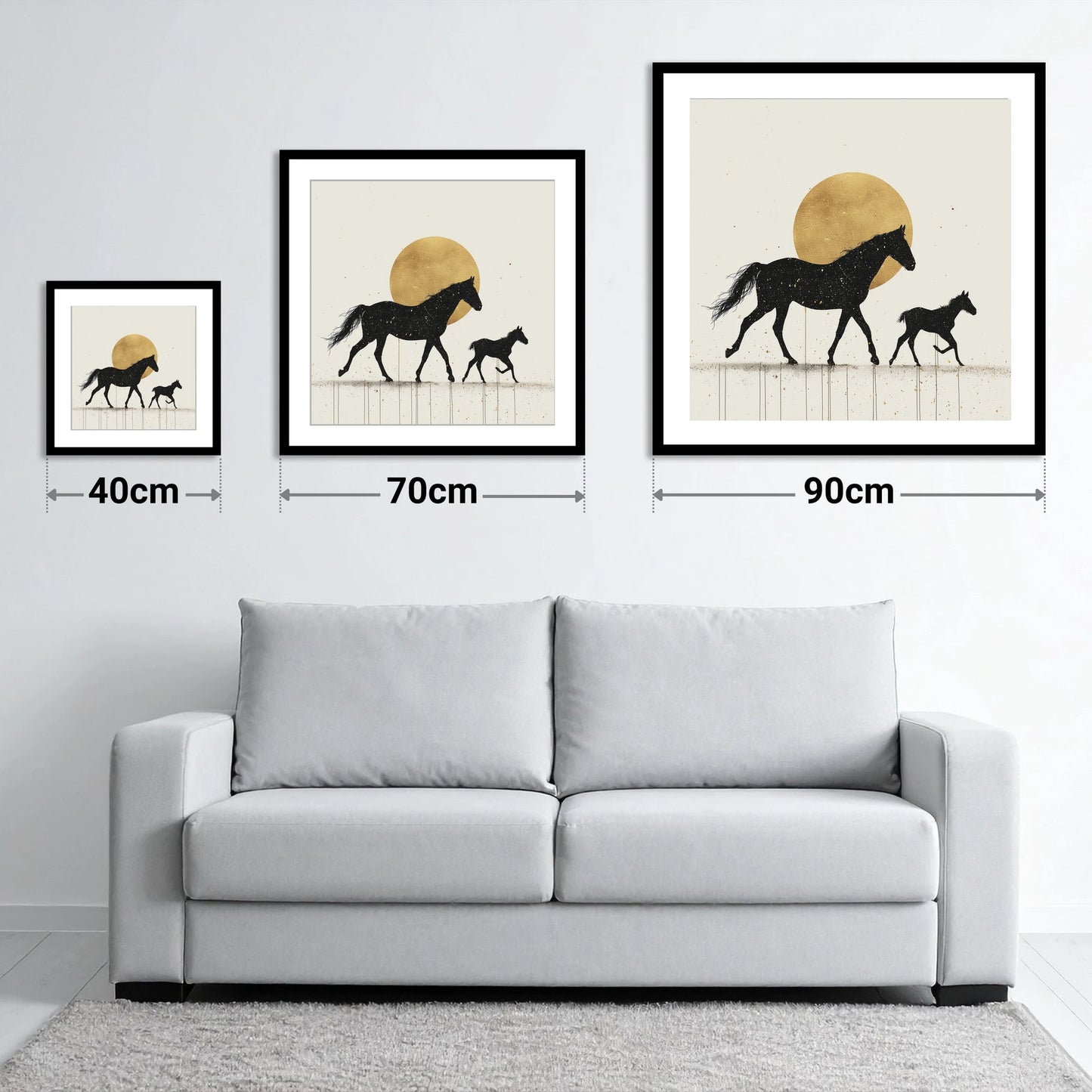 Celestial Mare and Foal - size guide showing 40cm, 70cm and 90cm art prints
