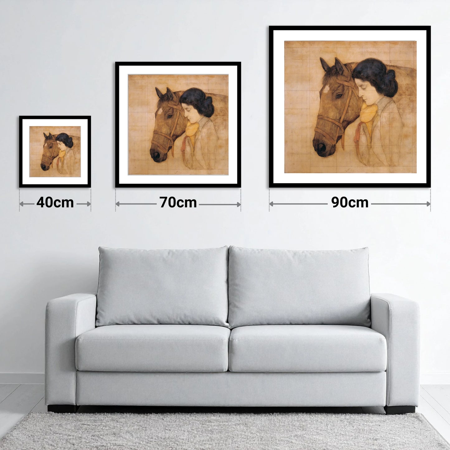 The Silent Bond - size guide showing 40cm, 70cm and 90cm art prints