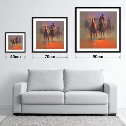 Through the Morning Dust - size guide showing 40cm, 70cm and 90cm art prints