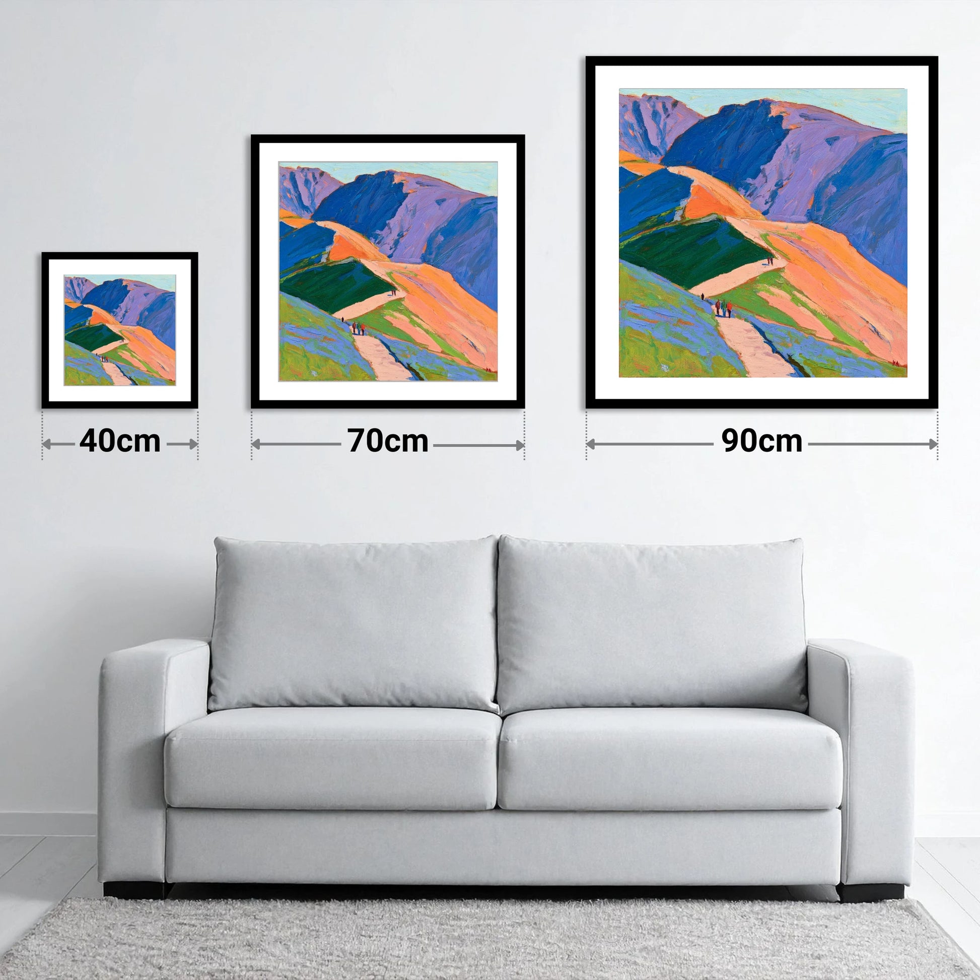 Vibrant Mountain Trail - size guide showing 40cm, 70cm and 90cm art prints