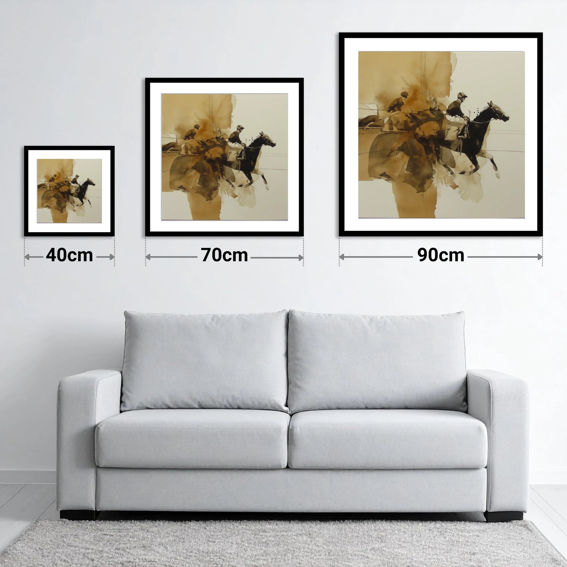 Surge of Sepia - size guide showing 40cm, 70cm and 90cm art prints