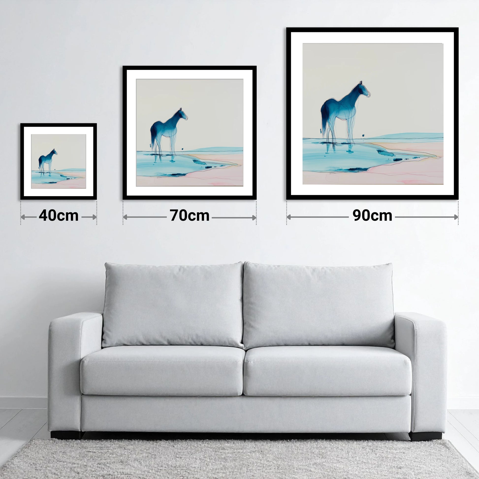 Ethereal Azure Equine - size guide showing 40cm, 70cm and 90cm art prints