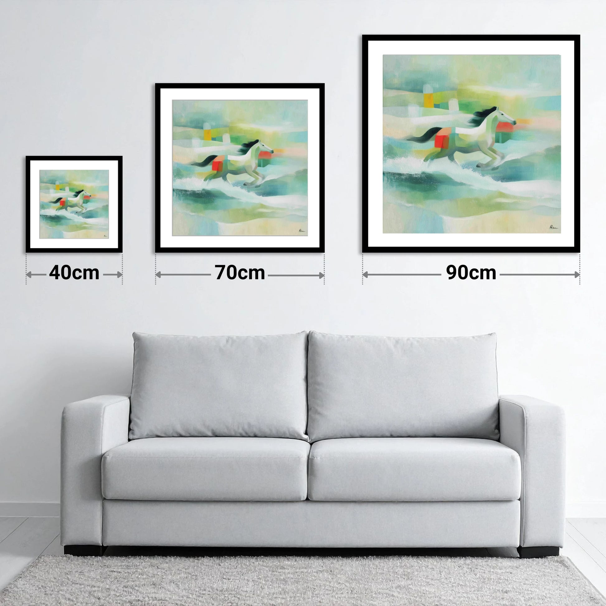 Modern Coastal Canter - size guide showing 40cm, 70cm and 90cm art prints