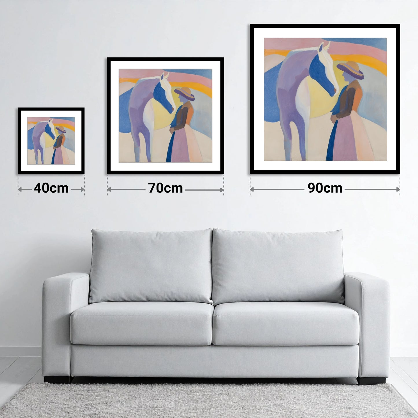 The Quiet Encounter - size guide showing 40cm, 70cm and 90cm art prints