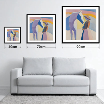 The Quiet Encounter - size guide showing 40cm, 70cm and 90cm art prints