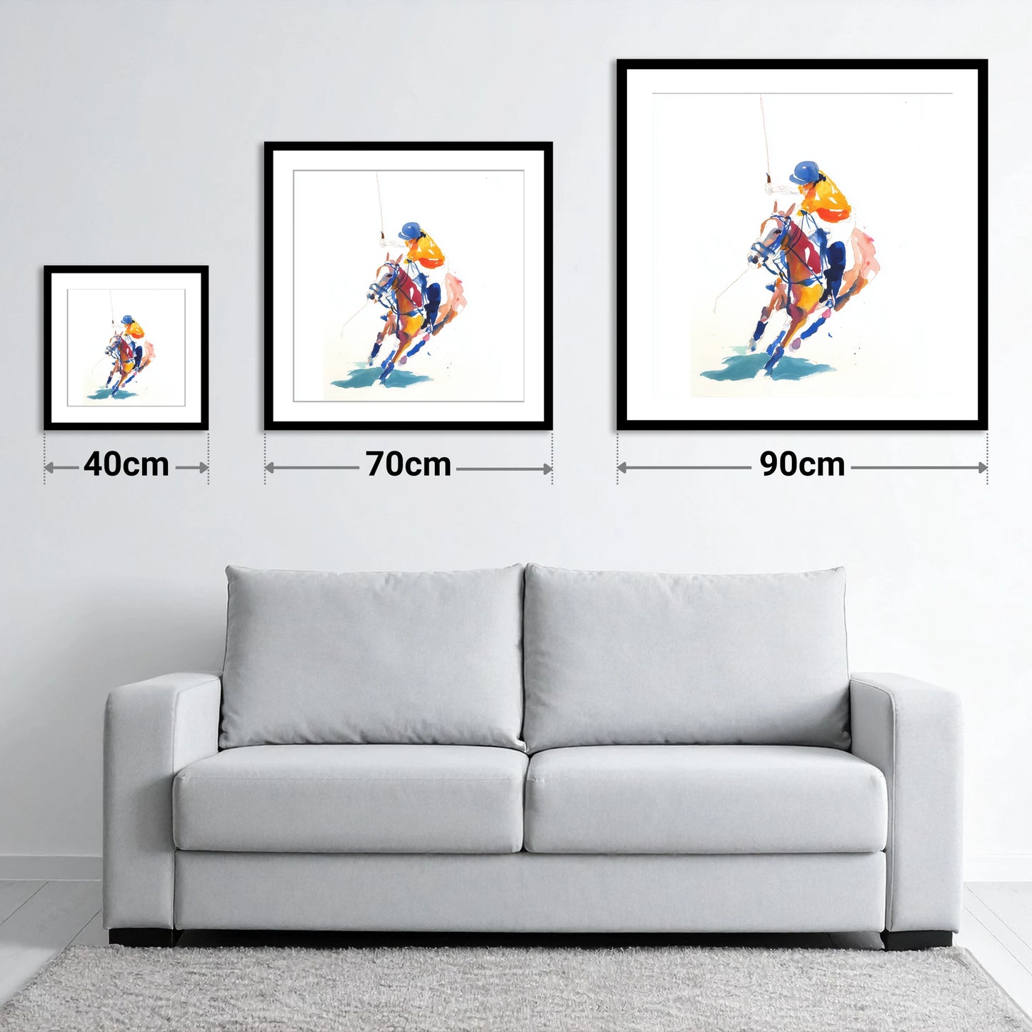 Dynamic Chukka - size guide showing 40cm, 70cm and 90cm art prints