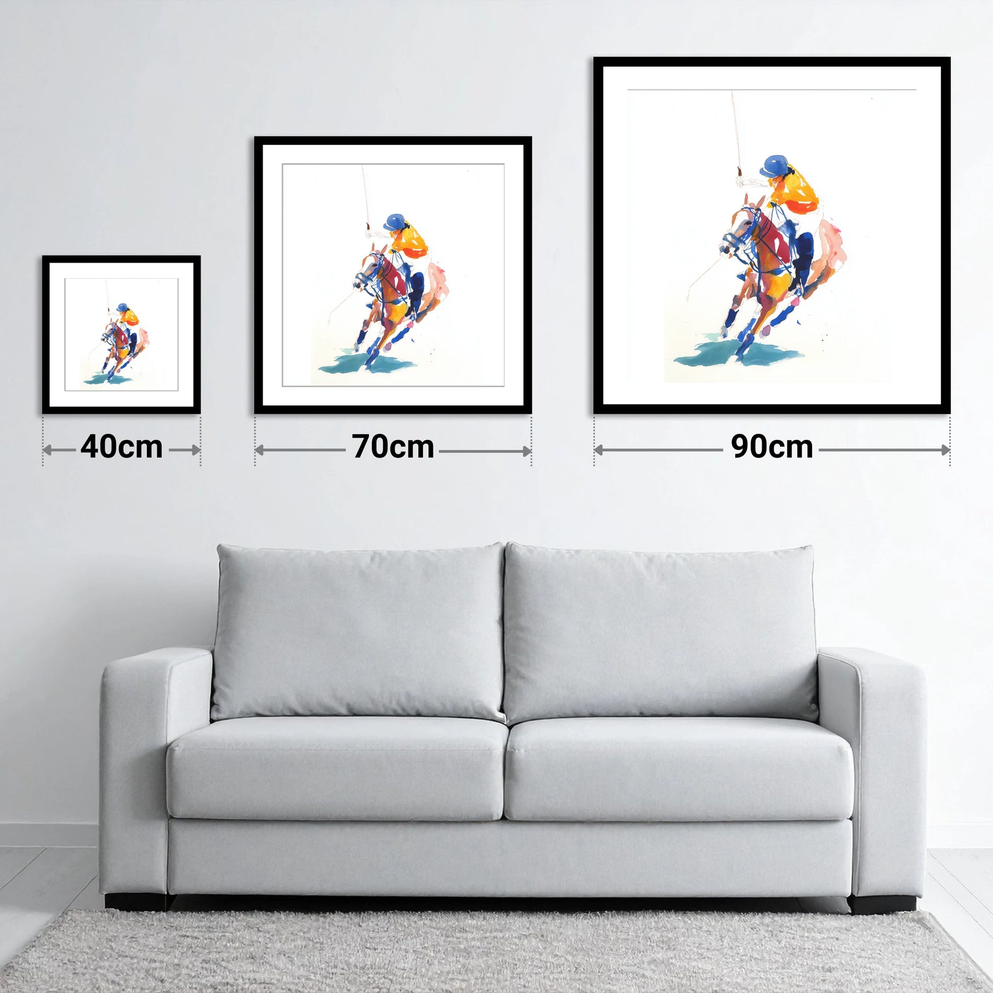 Dynamic Chukka - size guide showing 40cm, 70cm and 90cm art prints