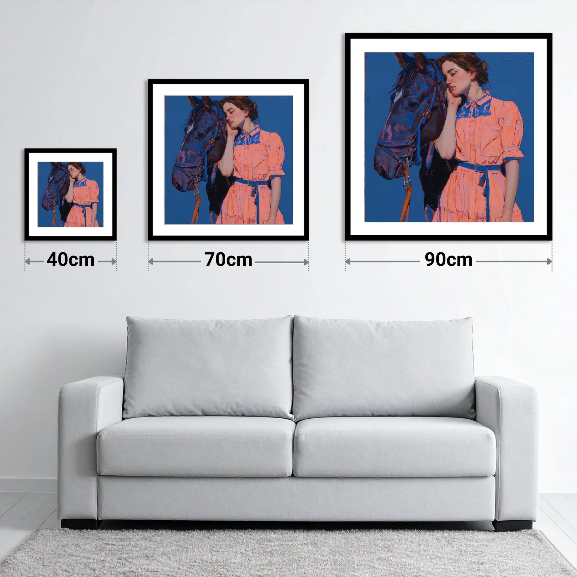 Bold Harmony - size guide showing 40cm, 70cm and 90cm art prints