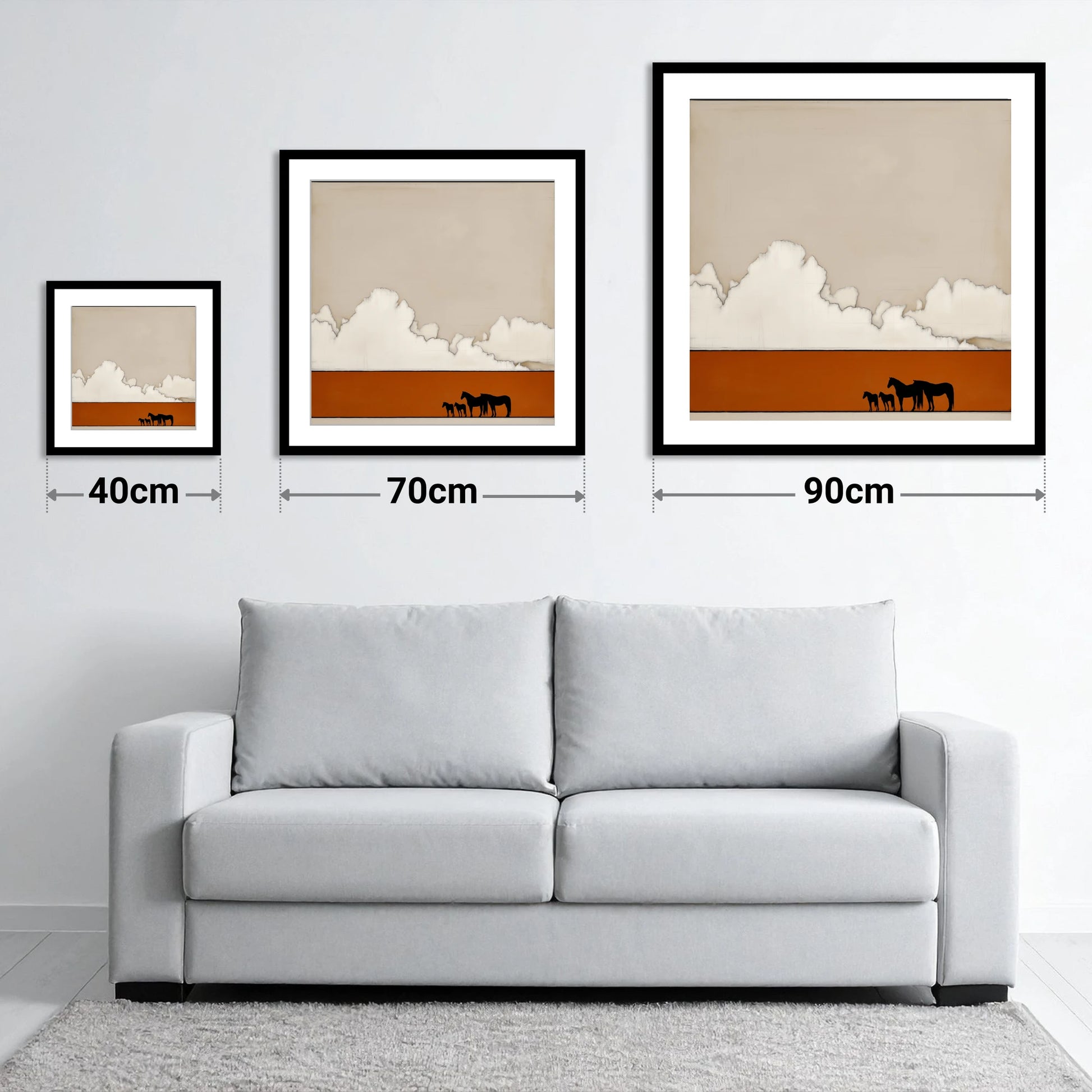 Burnt Orange Horizon - size guide showing 40cm, 70cm and 90cm art prints