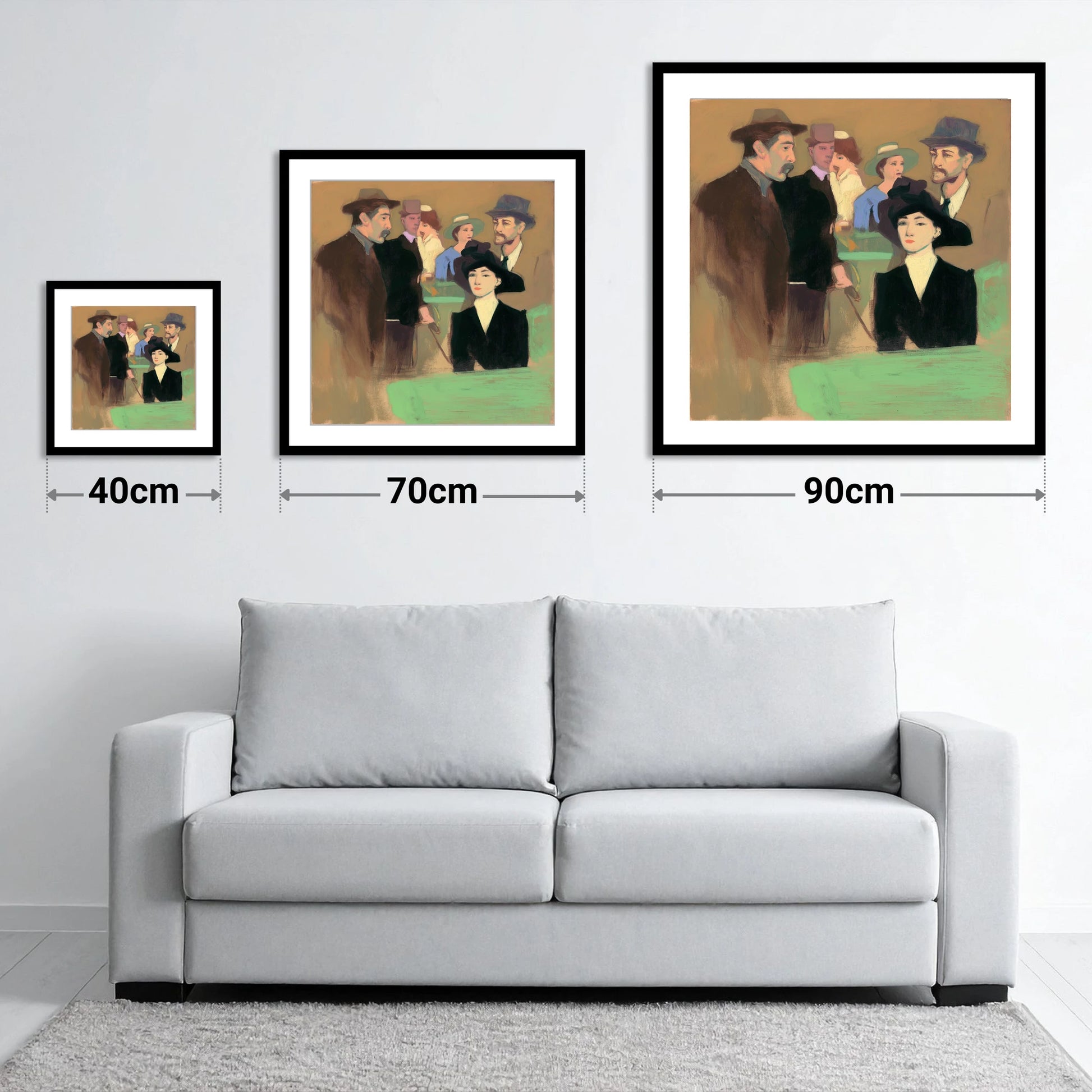 The Racing Crowd - size guide showing 40cm, 70cm and 90cm art prints