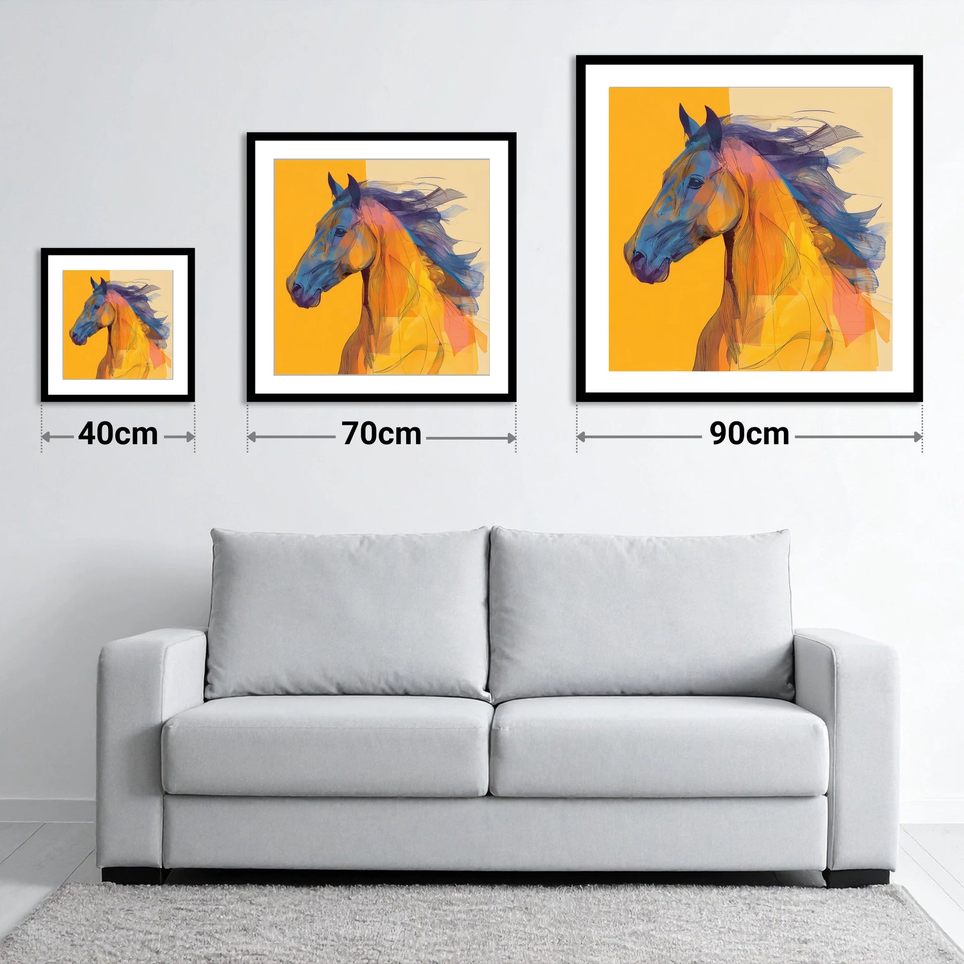 Vibrant Cobalt Equine - size guide showing 40cm, 70cm and 90cm art prints