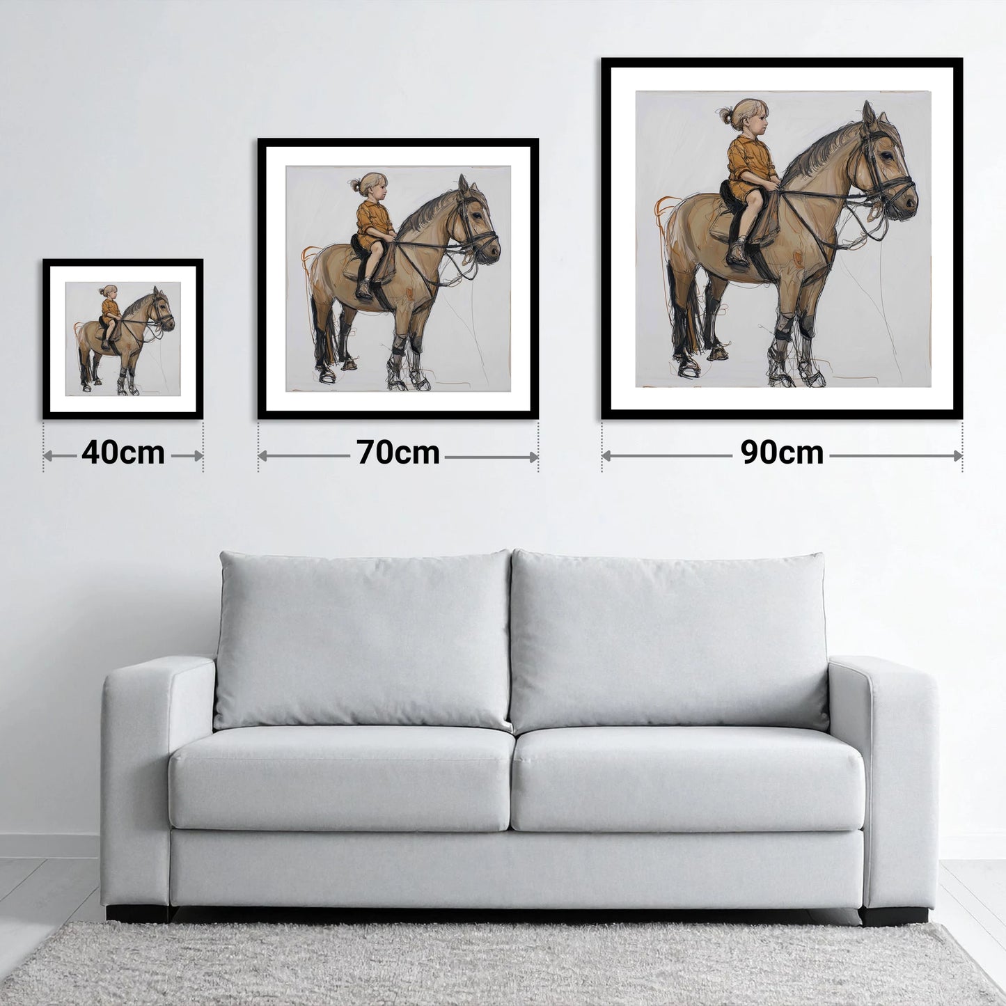 First Lessons - size guide showing 40cm, 70cm and 90cm art prints