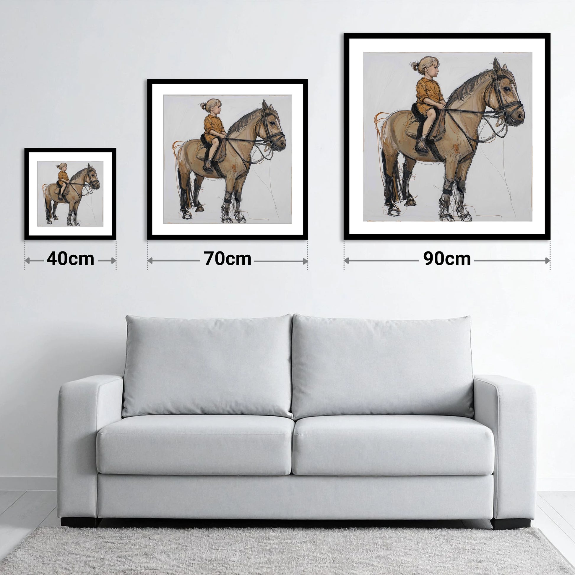 First Lessons - size guide showing 40cm, 70cm and 90cm art prints
