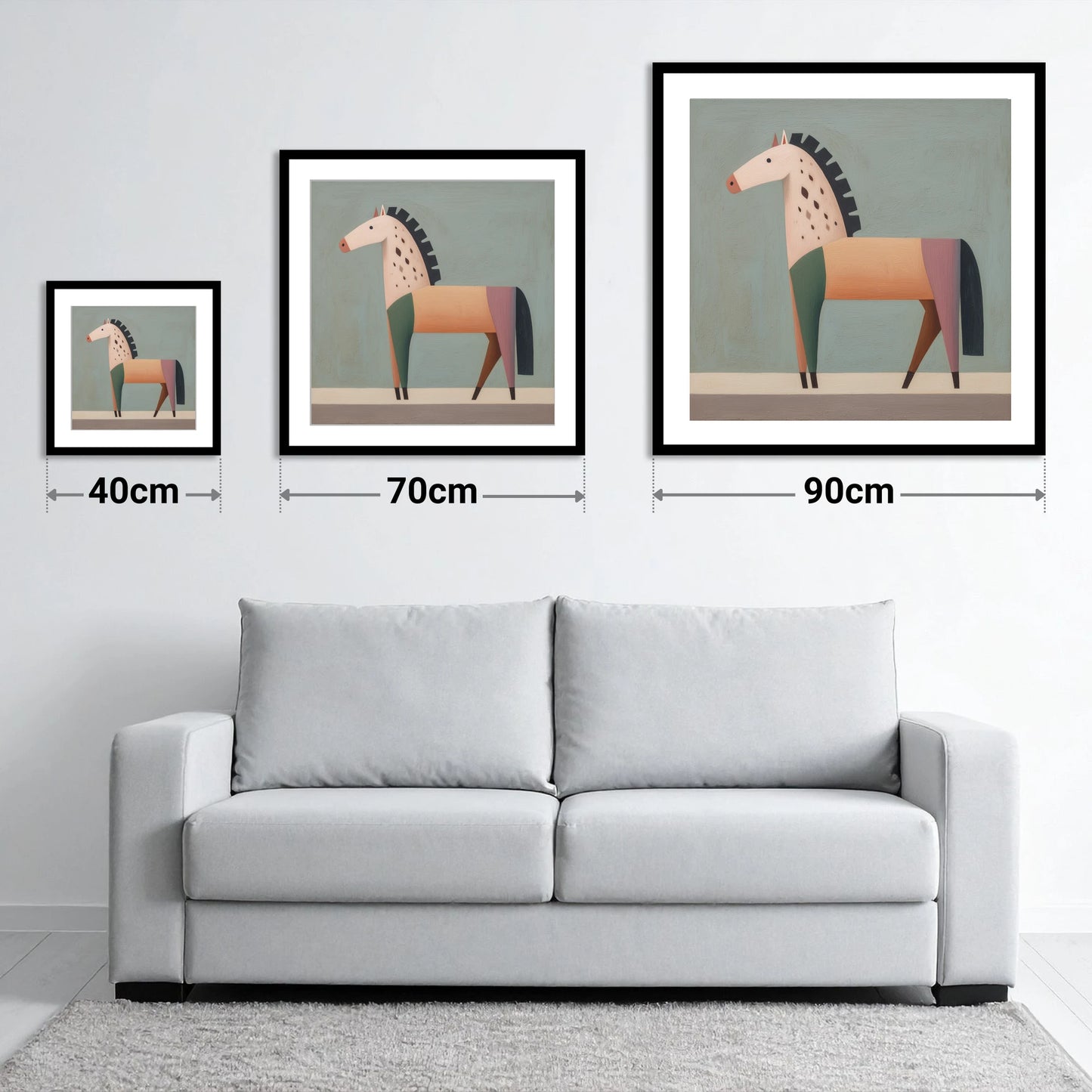 Geometric Appaloosa Form - size guide showing 40cm, 70cm and 90cm art prints