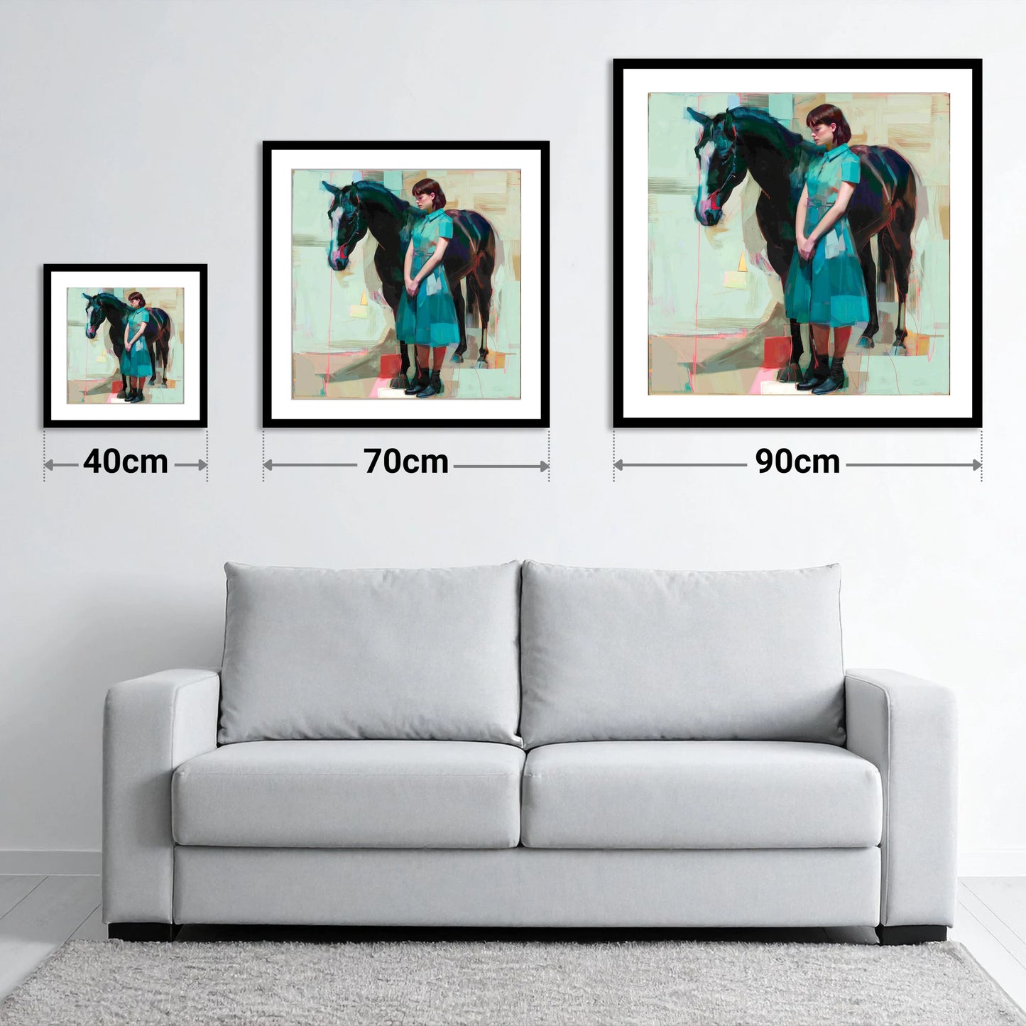 A Quiet Connection - size guide showing 40cm, 70cm and 90cm art prints