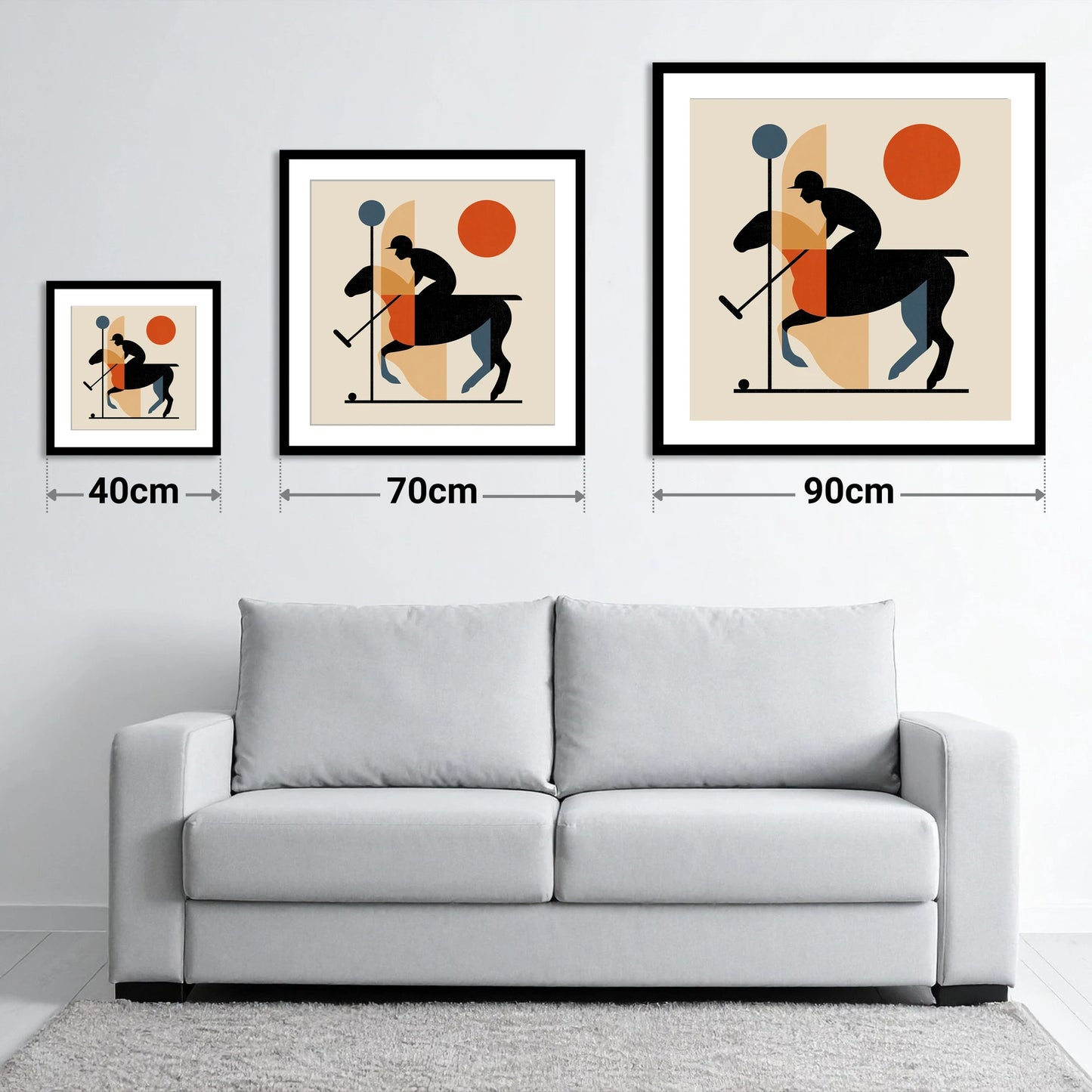 Retro Polo Strike - size guide showing 40cm, 70cm and 90cm art prints