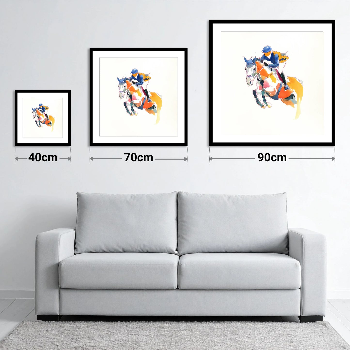 Dynamic Flight - size guide showing 40cm, 70cm and 90cm art prints