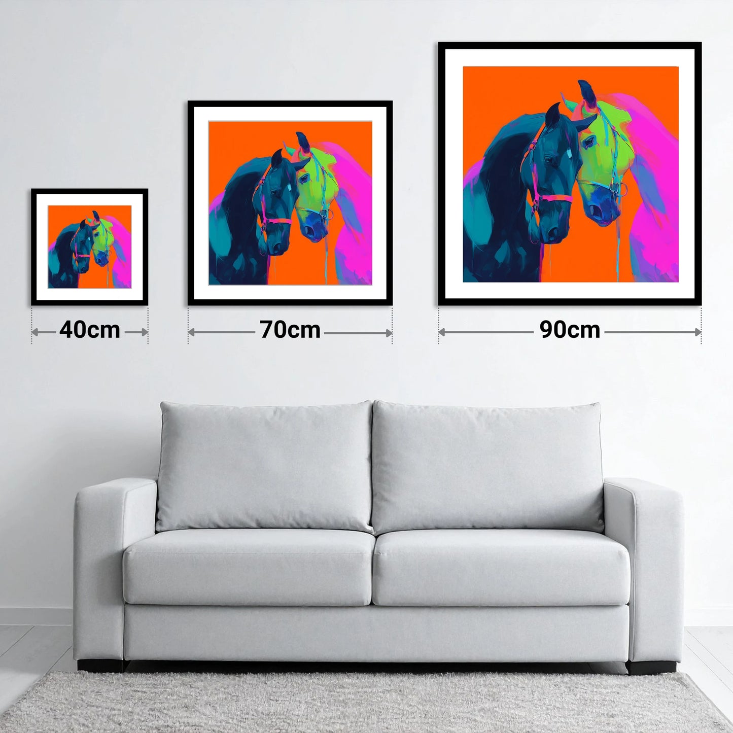 Electric Companions - size guide showing 40cm, 70cm and 90cm art prints