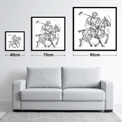 Linear Polo Strike - size guide showing 40cm, 70cm and 90cm art prints