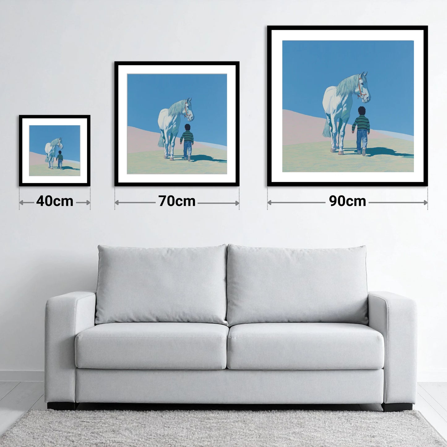 The Quiet Companion - size guide showing 40cm, 70cm and 90cm art prints