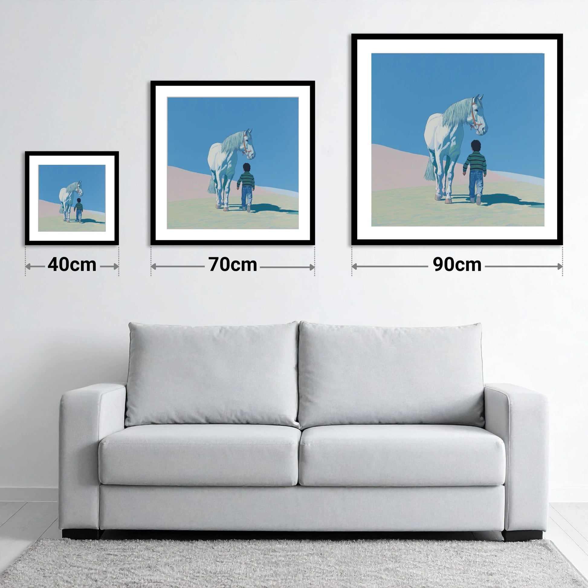 The Quiet Companion - size guide showing 40cm, 70cm and 90cm art prints