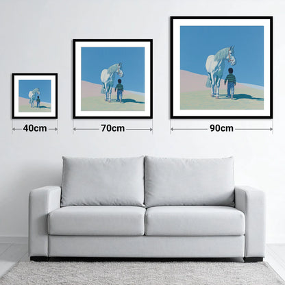 The Quiet Companion - size guide showing 40cm, 70cm and 90cm art prints