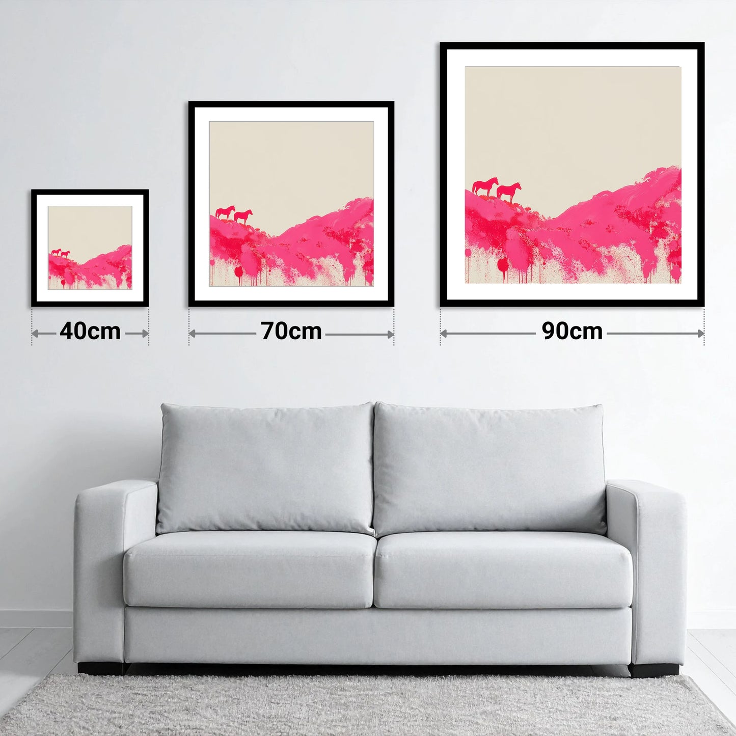 Magenta Ridge - size guide showing 40cm, 70cm and 90cm art prints
