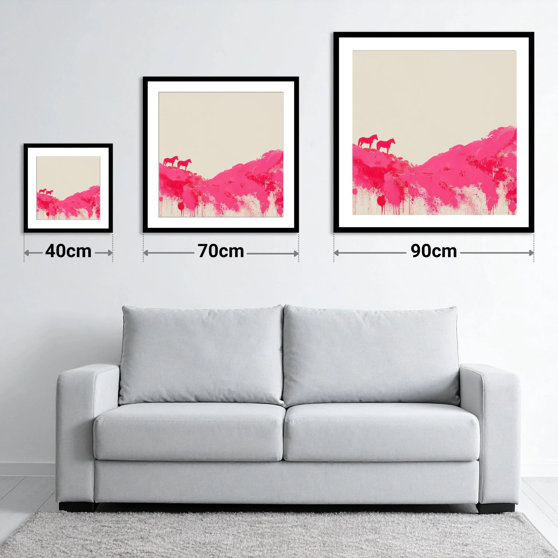 Magenta Ridge - size guide showing 40cm, 70cm and 90cm art prints