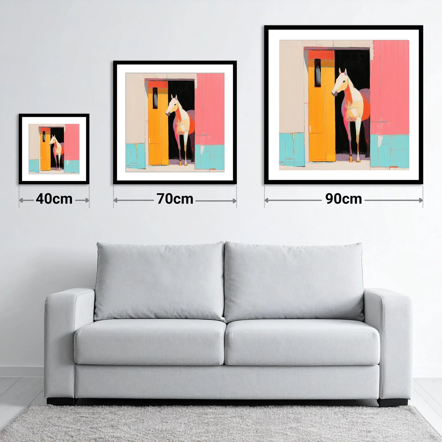 Vibrant Stable Doorway - size guide showing 40cm, 70cm and 90cm art prints