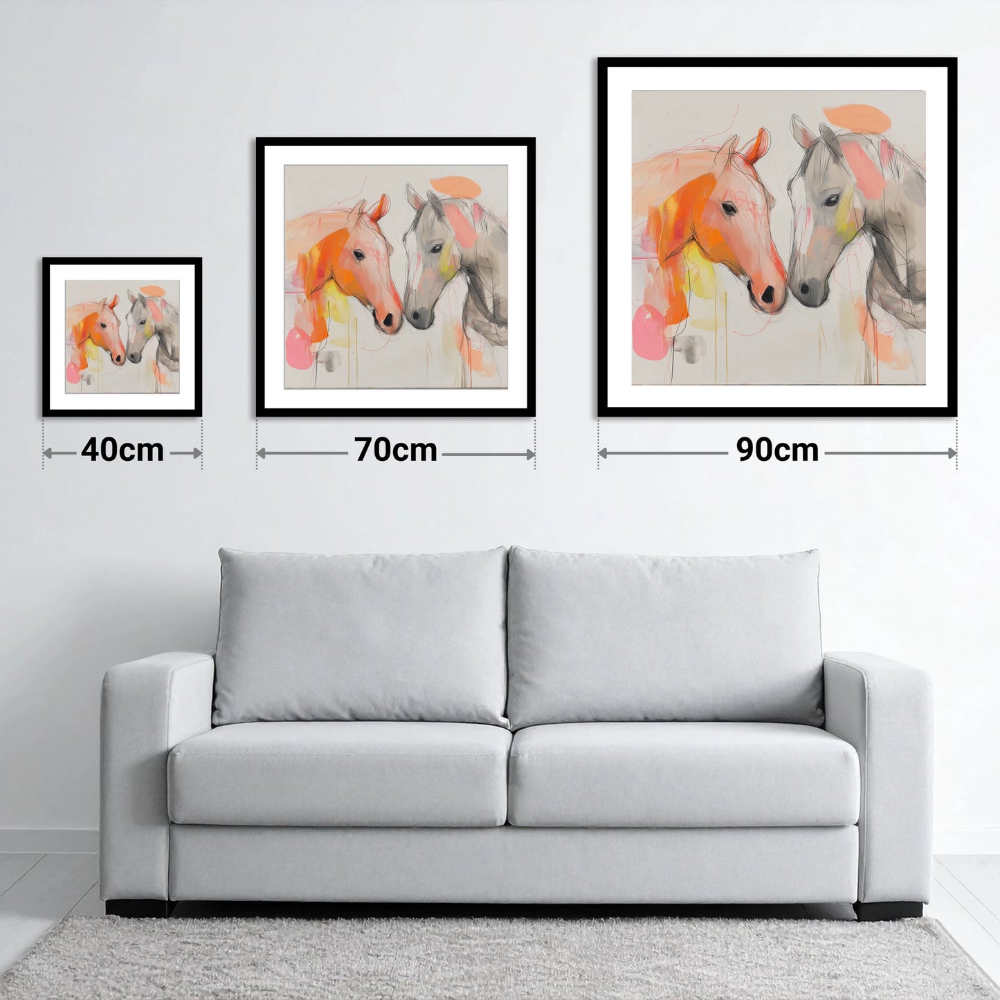 Tender Connection - size guide showing 40cm, 70cm and 90cm art prints