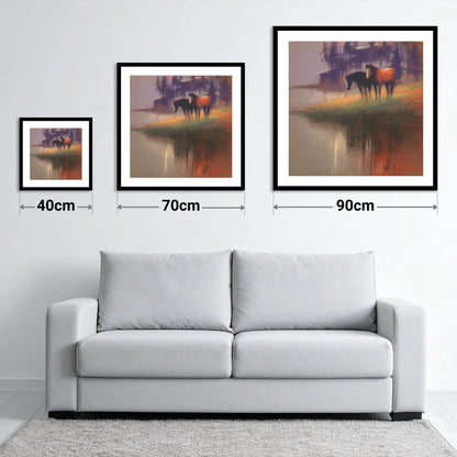 Waterside Reflections - size guide showing 40cm, 70cm and 90cm art prints